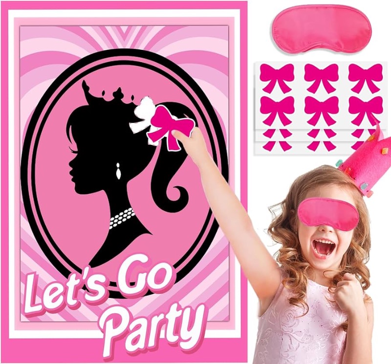 Photo 1 of **2-PACK BUNDLE**
Pink Girl Party Game Supplies, Pin The Bow Sticker on The Head Pink Girl Princess Party Game, Large Poster with 24Pcs Bow Stickers for Girls Birthday Party Favor Decoration