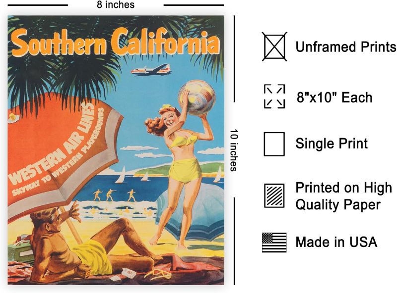 Photo 1 of **2-PACK BUNDLE** (READ FULL POST) 
Poster Master Vintage Travel Poster - Retro Southern California Print - Western Airlines Art - Chic Gift for Him, Her, Travel Lover - Decor for Bedroom, Ocean or Beach House - 8x10 UNFRAMED Wall Art Style12 8x10 Unframe