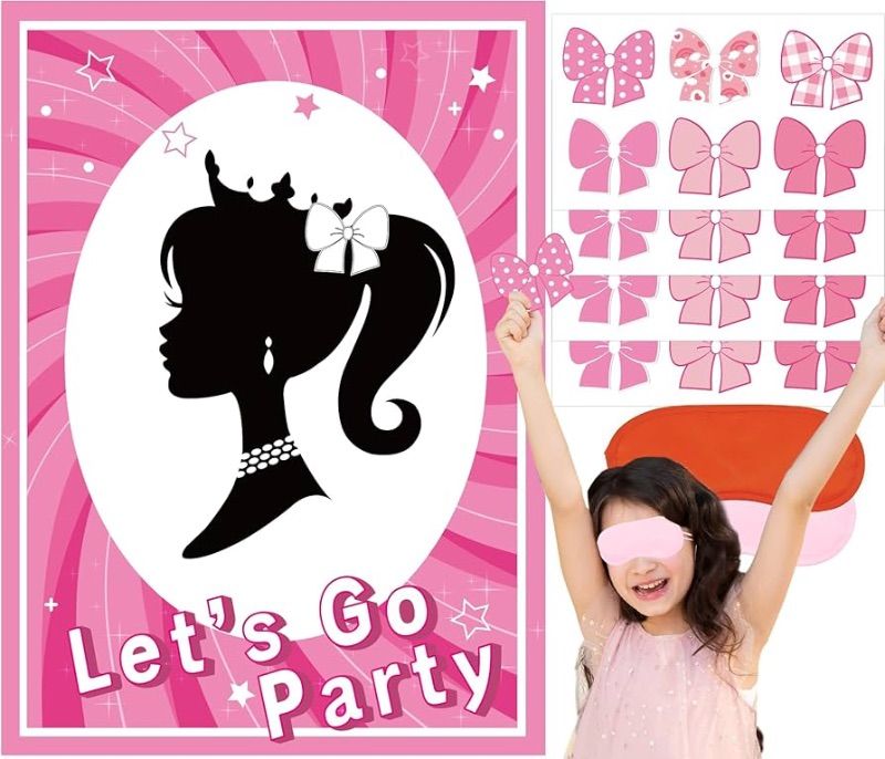 Photo 1 of **2-PACK BUNDLE**
Pink Girl Party Game Supplies, Pin The Bow Sticker on The Head Pink Girl Princess Party Game, Large Poster with 24Pcs Bow Stickers for Girls Birthday Party Favor Decoration