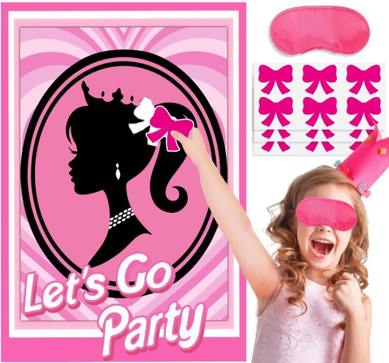 Photo 1 of ***SET OF FIVE*** ***STOCK PHOTO REFERENCE ONLY*** Pink Girl Party Game Supplies, Pin The Bow Sticker on The Head Pink Girl Princess Party Game, Large Poster with 24Pcs Bow Stickers for Girls Birthday Party Favor Decoration