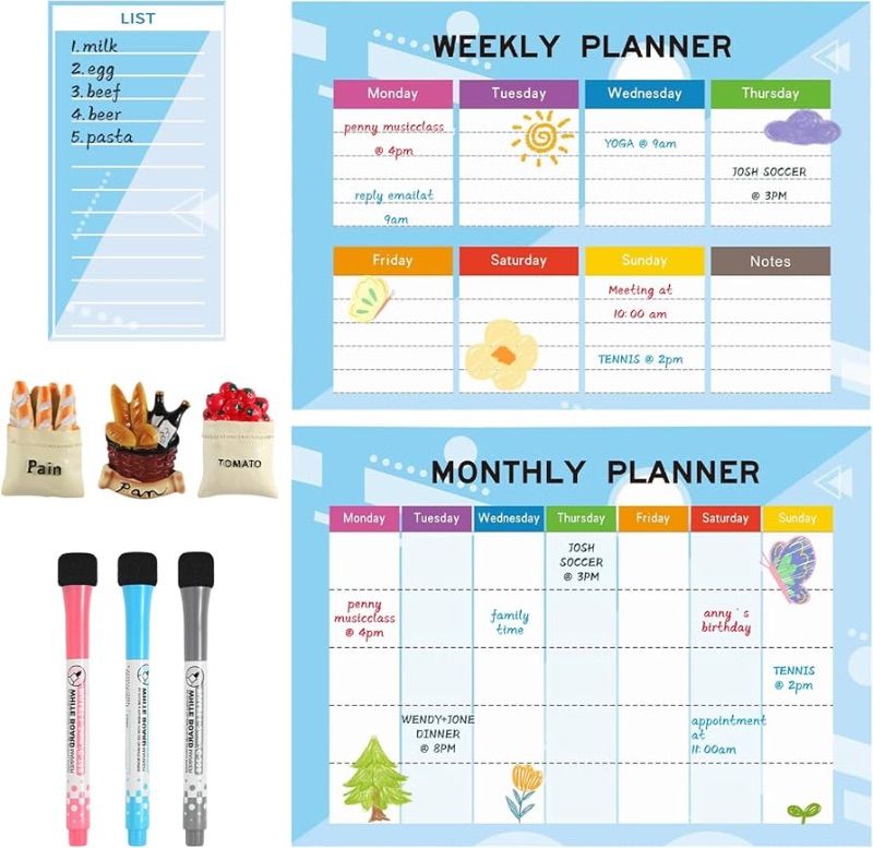 Photo 1 of ***SET OF TWO***Magnetic Calendar for Refrigerator&Wall?White Board Calendar Dry Erase?Magnetic Whiteboard for Fridge Monthly & Weekly Sheet?3 Markers and Refrigerator Magnets