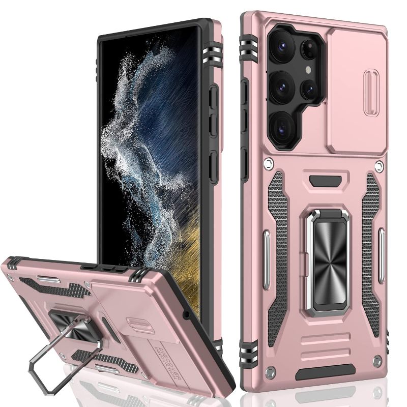 Photo 1 of ***SET OF TWO*** IKAZZ for Galaxy S23 Ultra Case with Camera Cover,Pass 16ft Drop Test Military Grade Shockproof Protective Phone Case with Kickstand for Samsung Galaxy S23 Ultra Rose Gold Samsung Galaxy S23 Ultra(Large 6.8'') Rose Gold