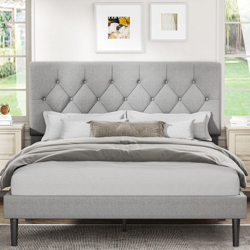 Photo 1 of ***NON REFUNDABLE, PARTS ONLY, STOCK PHOTO FOR REFERENCE***
Full Size Platform Bed Frame with Upholstered Headboard, Button Tufted Design, No Box Spring Needed, Light Grey