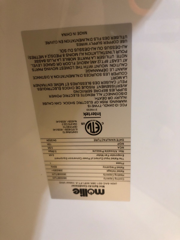 Photo 5 of ***NO POWER CABLE UNABLE TO TEST FUNTION***mollie 36000 BTU Split Air Conditioner Heat Pump, 19 SEER2 208/230V AC Unit with Smart App Control, Cools Up to 2500 Sq. Ft, Installation Kits Included
