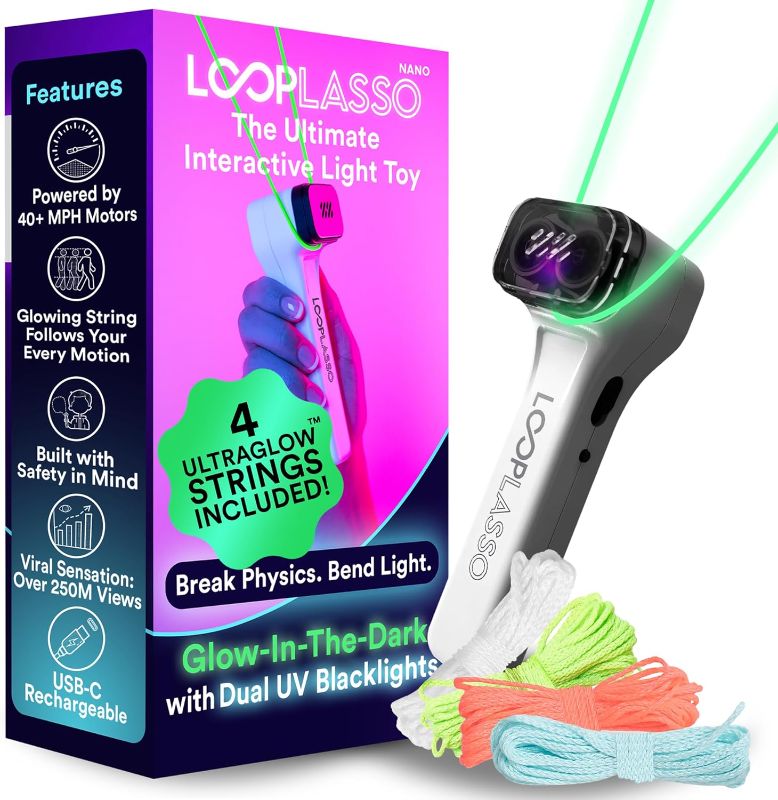 Photo 1 of ***MISSING STRINGS***Loop Lasso® NANO Mock - The Original Glow-in-The-Dark String Shooter Toy - Built-in UV Blacklight - Adult & Kids Rope Launcher Gift - Viral Fidget Toy Gadget - Music Festival Rave Dance Accessory
