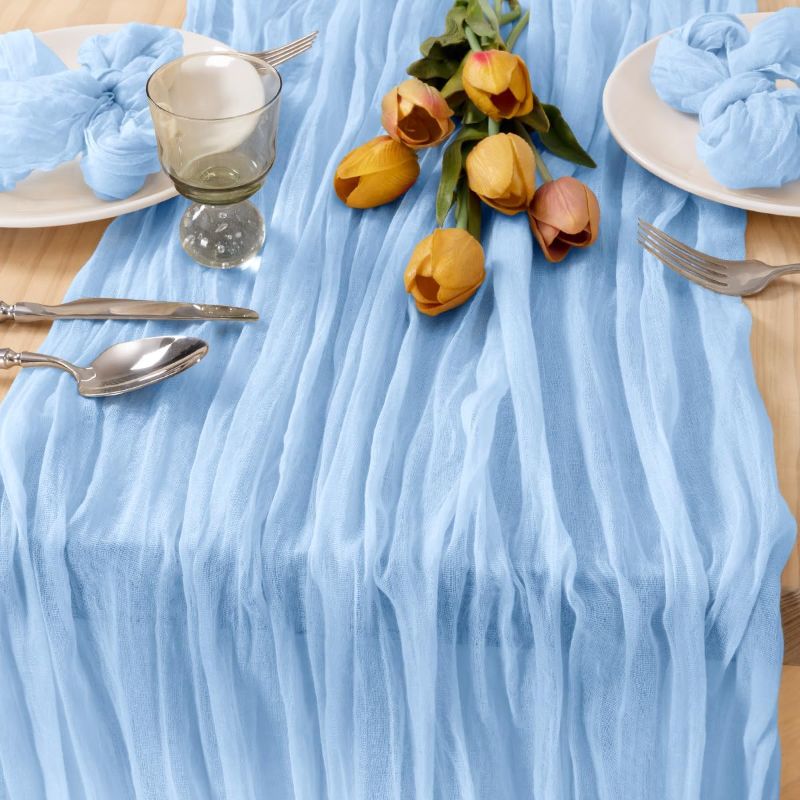 Photo 1 of ***STOCK PHOTO REFERENCE ONLY***
2 Pack 8FT Rustic Cheesecloth Table Runner 8ft Boho Cheese Cloth Table Runner Baby Blue