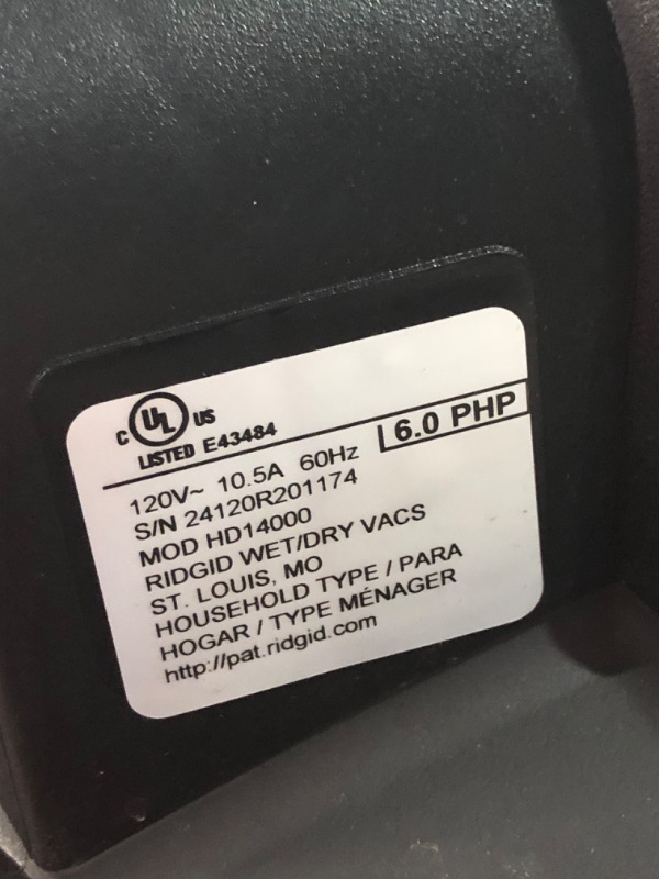 Photo 7 of ***HEAVILY USED AND DIRTY - MISSING PARTS - SEE PICTURES***
14 Gallon 6.0 Peak HP NXT Shop Vac Wet Dry Vacuum with Fine Dust Filter, Locking Hose and Accessory Attachments