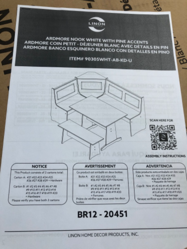 Photo 4 of ***NON REFUNDABLE, PARTS ONLY*** CARTON 3 OF 3 ONLY
5pc Ardmore Breakfast Storage Corner Nook Dining Set Wood/White/Natural - Linon