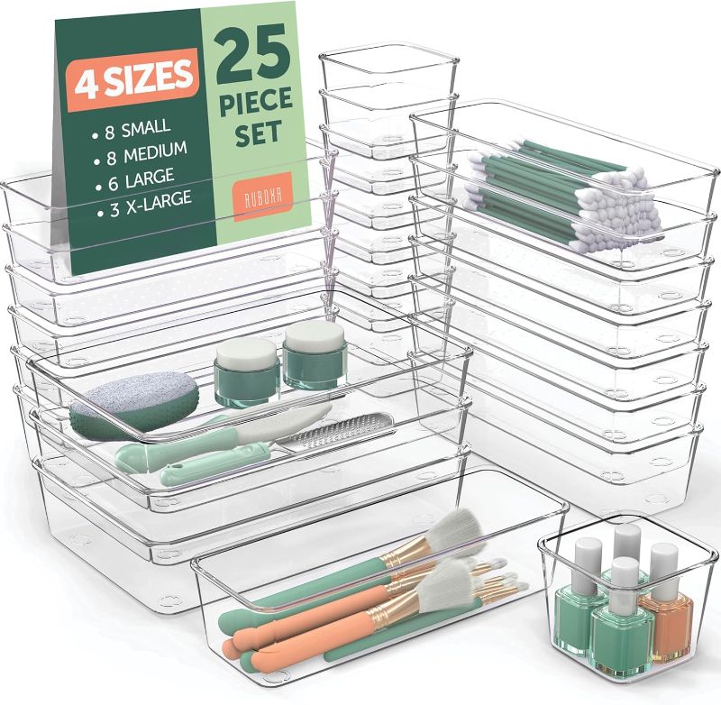 Photo 1 of 25 PCS Clear Plastic Drawer Organizers Set, 4 Sizes Clear Drawer Organizers & storage Bins for Makeup/Jewelry Vanity