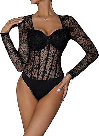 Photo 1 of ***STOCK PHOTO REFERENCE ONLY***
Women's Sheer Floral Lace Long Sleeve Bodysuit Tops Sweetheart Neck Jumpsuit Medium