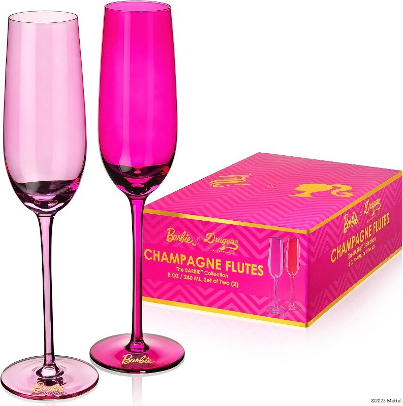 Photo 1 of ***FACTORY SEALED***Dragon Glassware x Barbie Champagne Flutes Glass - 8 oz Pink and Magenta Crystal Champagne Glasses Set of 2 - Mimosa and Cocktail Glasses
