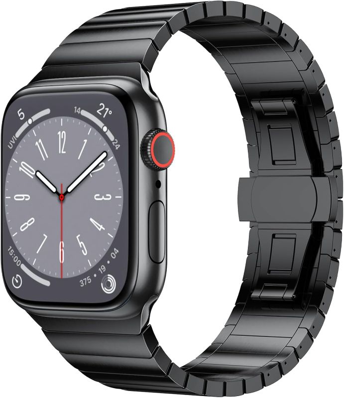 Photo 1 of ***STOCK PHOTO REFERENCE ONLY*** BAND ONLY NOT SMART WATCH***NotoCity Compatible with Apple Watch Ultra 2/Ultra 49mm 45mm 44mm 42mm, Titanium Metal Band for Men with Double Button Clasp for Apple Watch Ultra Series 8/7/6/5/4/3/2/1/SE, Black
