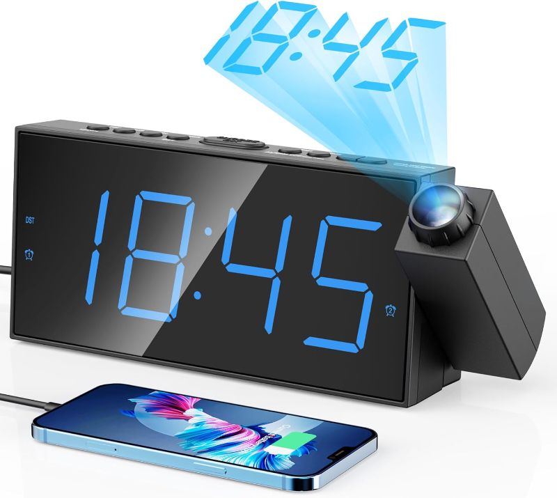 Photo 1 of (MISSING PARTS/ SEE NOTES) 
Digital Projection Alarm Clocks for Bedrooms - Large LED Display, 180° Rotatable Projector, 5-Level Dimmer,USB Charger,Battery Backup,Loud Dual Alarms for Kids Elderly,Heavy Sleepers,Snooze,12/24H,DST
