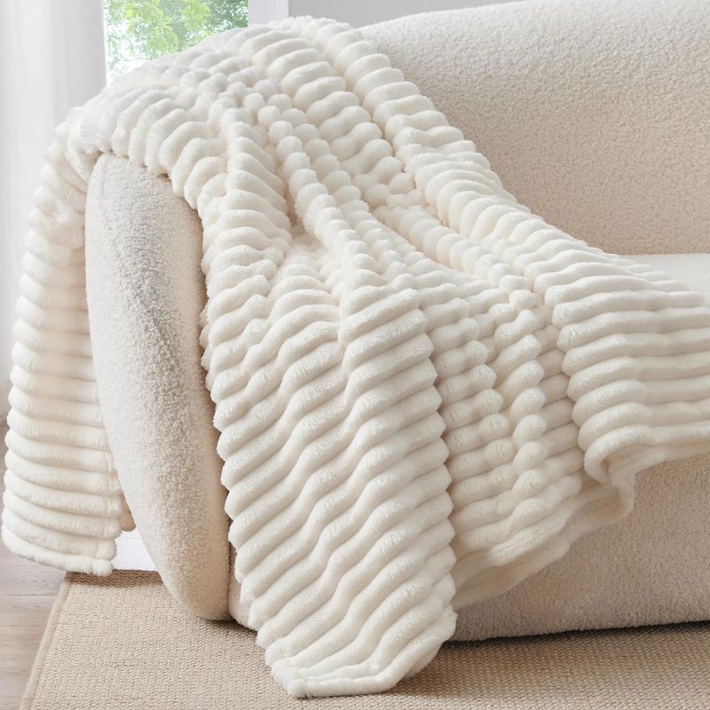 Photo 1 of  Fleece Throw Blanket for Couch -  Soft & Warm Fluffy Cream White Blanket, Decorative and Giftable Striped Blankets for Women, Men,