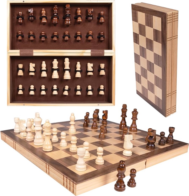 Photo 1 of **green felt on the inside**Premium Wooden Chess Set - 11.5'' Magnetic Portable Board Game with Wooden Storage Box - Compact & Folding - Classic Travel Chess for Kids & Adults