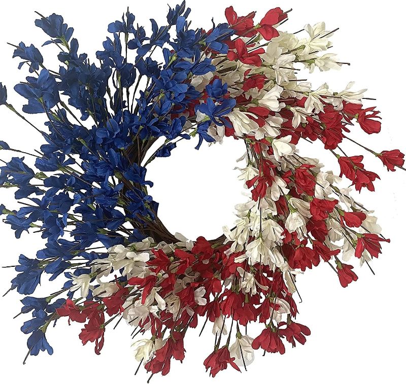 Photo 1 of (READ FULL POST) 24 Inch Patriotic Wreath Summer Front Door Wreath 4th of July Forsythia Door for Memorial Day Americana Wreath Forsythia Flower Farmhouse Grapevine Wreath Blossom Cluster Christmas Décor