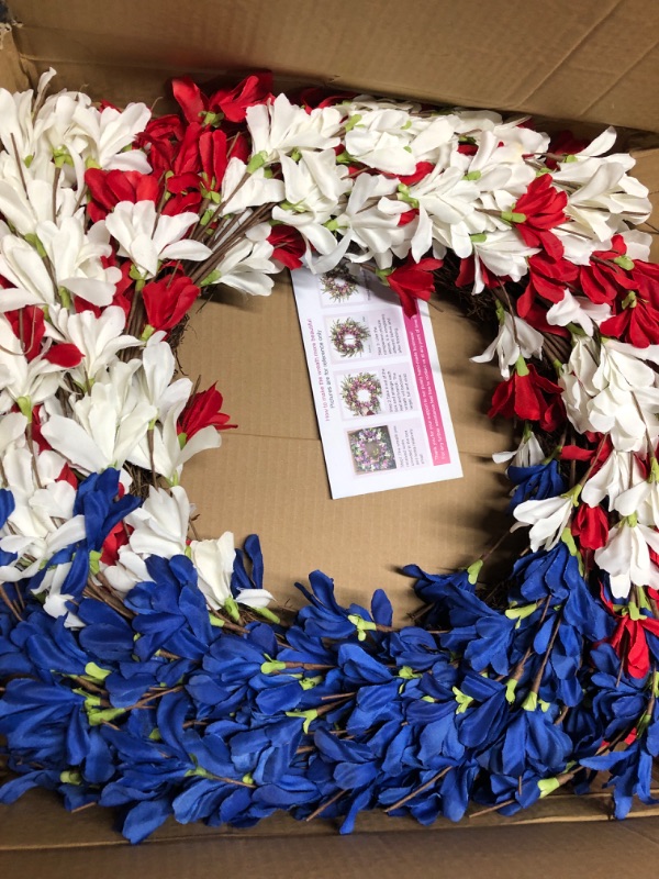 Photo 2 of (READ FULL POST) 24 Inch Patriotic Wreath Summer Front Door Wreath 4th of July Forsythia Door for Memorial Day Americana Wreath Forsythia Flower Farmhouse Grapevine Wreath Blossom Cluster Christmas Décor