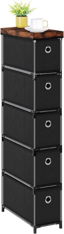 Photo 1 of (MISSING PARTS) 
HAITRAL 5 Drawers Narrow Dresser, Vertical Slim Dresser Chest, Storage Cabinet with Fabric Top and Steel Frame, Lightweight Organizer for Bedroom, Living Room, Closet, Laundry-Black