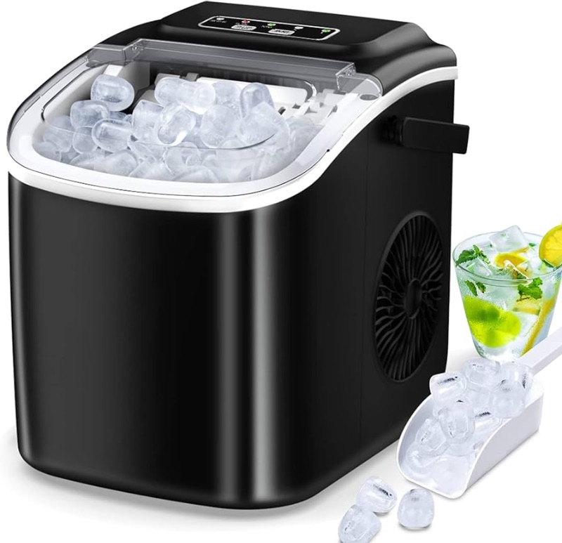 Photo 1 of (READ FULL POST) Countertop Ice Maker, Portable Ice Maker Machine with Carry Handle, Self-Cleaning Ice Makers, 9 Bullet Ice in 6 Mins, 26.5Lbs/24H with Ice Bags and Ice Scoop Basket for Home Bar Camping RV(Black)