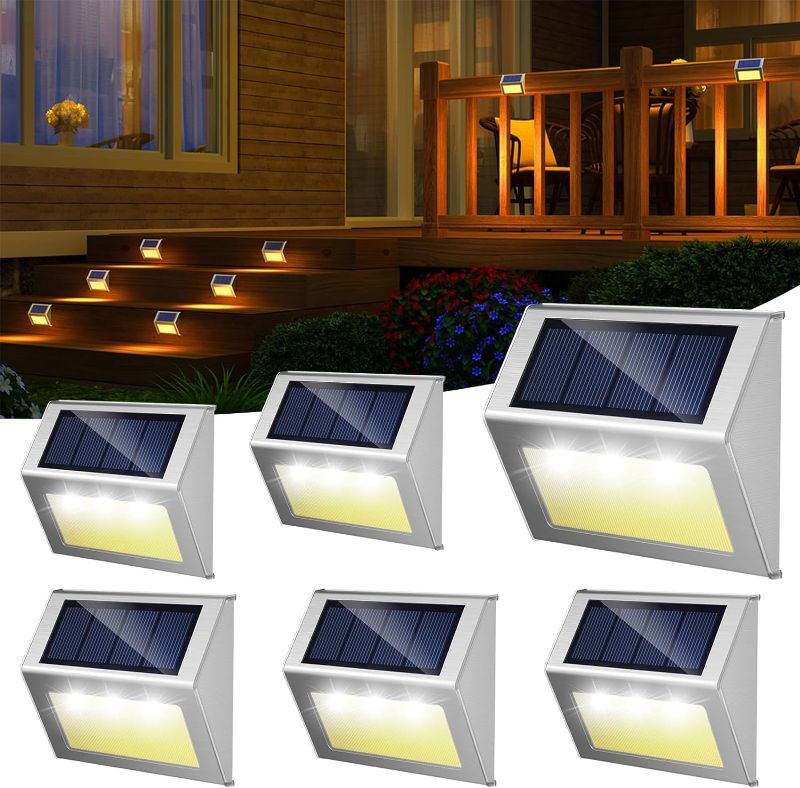 Photo 1 of  Solar Fence Lights - Solar Lights Outdoor Waterproof, Solar Powered Outdoor Lights Deck Lights for Outside Garden Backyard Patio Yard Wall Stair Step Railing Post 3LED Lighting, Warm Light, 6 Pack