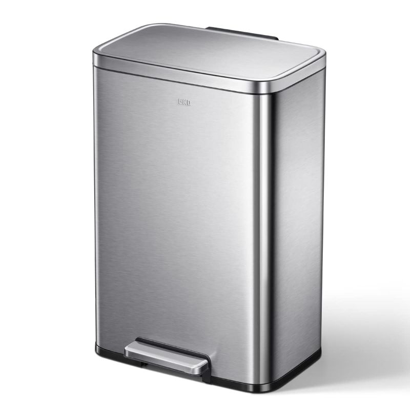 Photo 1 of ***USED - DIRTY - NO PACKAGING - MISSING LINER - SEE PICTURES***
EKO Madison Brushed Stainless 50 Liter/13.2 Gallon Step Trash Can with Inner Liner - Fingerprint Resistant Finish - 16.9 x 14.3 x 25.4 inches