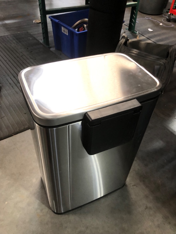 Photo 4 of ***USED - DIRTY - NO PACKAGING - MISSING LINER - SEE PICTURES***
EKO Madison Brushed Stainless 50 Liter/13.2 Gallon Step Trash Can with Inner Liner - Fingerprint Resistant Finish - 16.9 x 14.3 x 25.4 inches