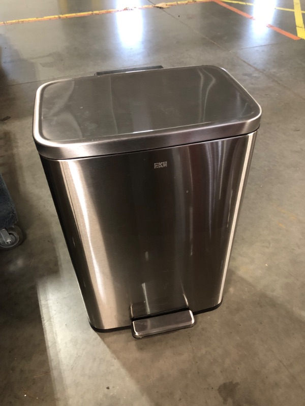 Photo 2 of ***USED - DIRTY - NO PACKAGING - MISSING LINER - SEE PICTURES***
EKO Madison Brushed Stainless 50 Liter/13.2 Gallon Step Trash Can with Inner Liner - Fingerprint Resistant Finish - 16.9 x 14.3 x 25.4 inches