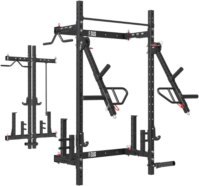 Photo 1 of 2.36'' x 2.36'' Wall mounted Folding Squat Rack with J-Hooks,Safety Arm,Dipping bar,Adjustable Pull-Up Bar and Partable Space Saving Free Standing…
