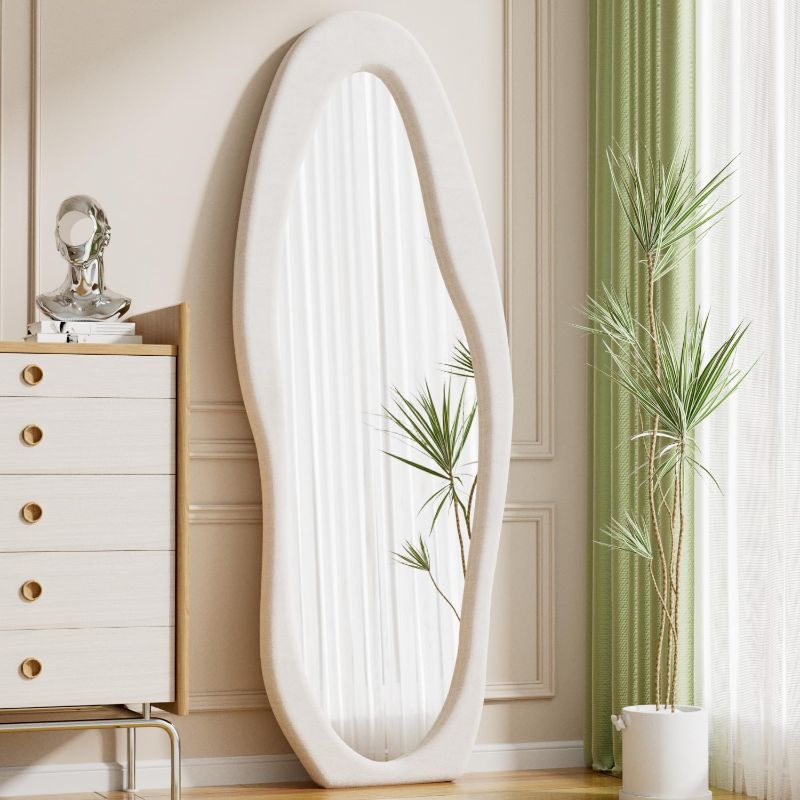 Photo 1 of ****DIRTY NEEDS CLEANING ****Full Length Mirror, 63" x 24"Irregular Mirror, Large Floor Length Mirror Wall Mounted, Standing Mirror with Flannel Wrapped Wooden Frame for Bedroom/Living Room, White
