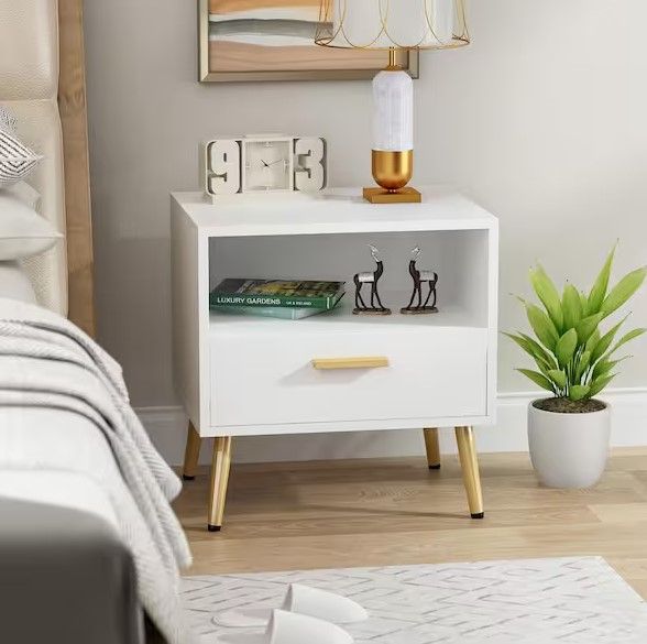 Photo 1 of 1-Drawer White Nightstand With Storage Compartment Sofa Side End Table Bedside 20 in. H x 19.5 in. W x 15.6 in. D
