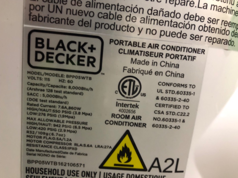 Photo 1 of ***USED - POWERS ON - UNABLE TO TEST FURTHER - SEE COMMENTS***
BLACK+DECKER 8,000 BTU Portable Air Conditioner with Remote Control, White