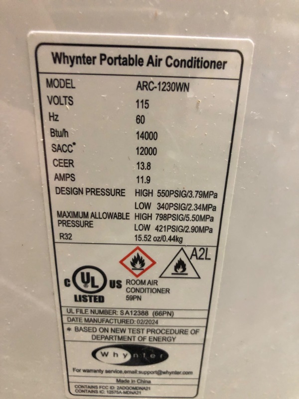 Photo 3 of **SEE NOTES**Whynter Inverter Portable Air Conditioner 14,000 BTU Portable Heater with Dual Hose, Dehumidifier, Cooling Fan & Smart Wi-Fi for 600 Sq Ft Rooms, NEX ARC-1230WNH (12,000 BTU SACC) 14,000 Cooling and Heating Air Conditioner