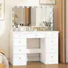 Photo 1 of 
White Modern Makeup Vanity Desk 9 Drawers Wood Dressing Table With 3 Mirrors, Hidden Storage Shelves, LED Bulb Lights