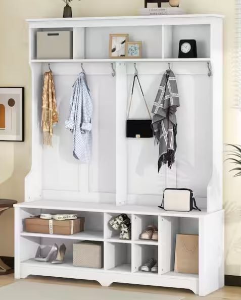 Photo 1 of 
Harper & Bright Designs
Hallway White Hall Tree with 6 Hooks, Ample Open Compartments, Coat Racks, Shoe Cubbies Storage