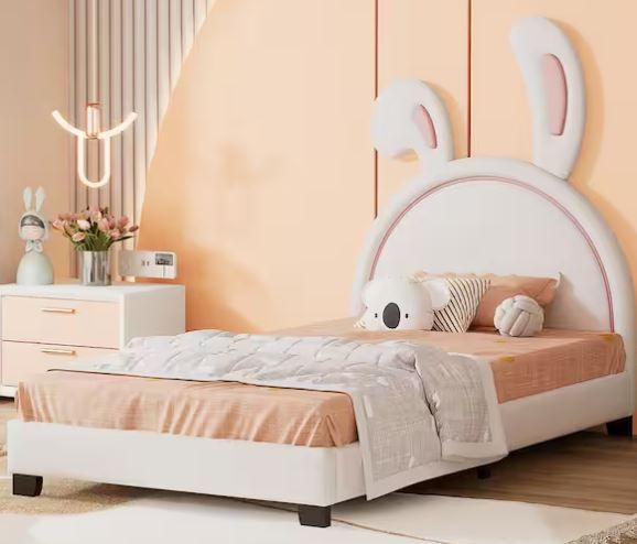 Photo 1 of 
Harper & Bright Designs
White Wood Frame Twin Size Upholstered Leather Platform Bed with Bunny Ears Headboard