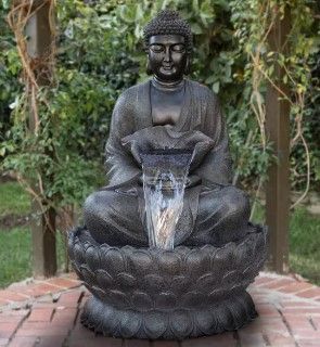 Photo 1 of Alpine Corporation 54" Resin Outdoor Buddha Zen Water Fountain with LED Lights Gray: Electric Powered, Sculptural Design