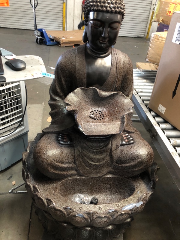 Photo 2 of Alpine Corporation 54" Resin Outdoor Buddha Zen Water Fountain with LED Lights Gray: Electric Powered, Sculptural Design