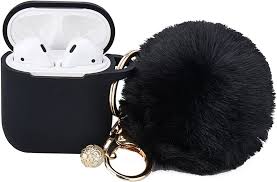 Photo 1 of * SET OF 2* Black Alaskan Case for Women Cute Case Designed for AirPods Cover with Pom pom, Silicone Protective Keychain Case Compatible with AirPods 1/2, Accessories Keychain and Pom pom