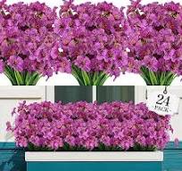 Photo 1 of 24 Bundle Artificial Flower for Outdoor UV Resistant Fake Orchid Flower Outside Realistic Silk Flowers Plastic Faux Plant with 7 Flower Head for Wedding Garden Porch Window Decor(Purple)