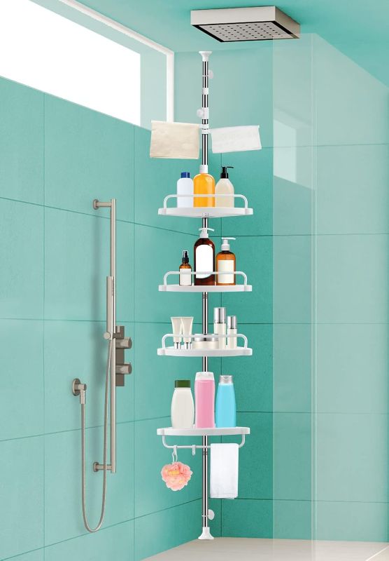 Photo 1 of 39 to 122 Inch Corner Shower Caddy Tension Pole, Rustproof Drill-Free Shower Shelves for Bathroom, Shower Organizer with 4 Tier Adjustable Shelves Towel Bars
