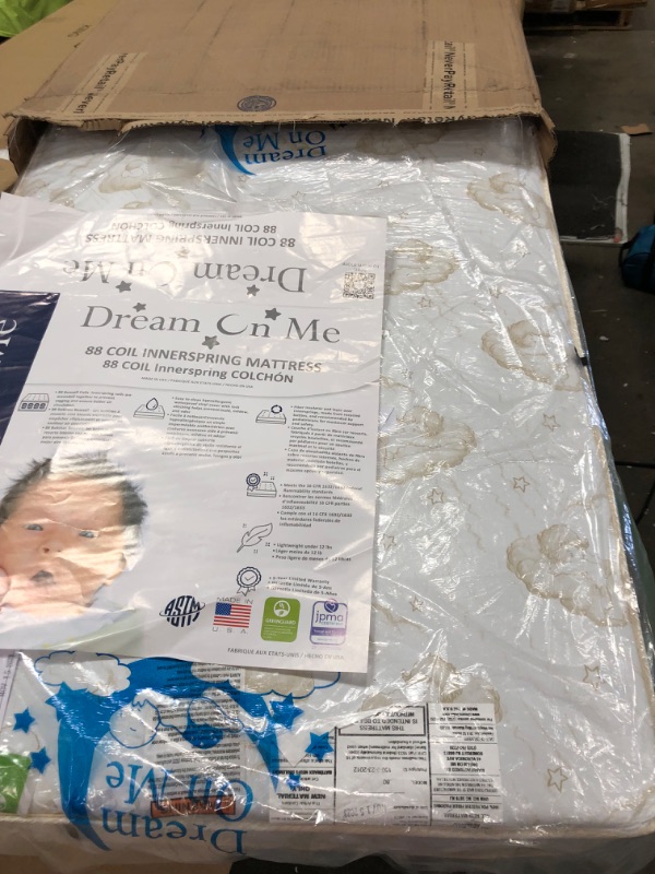 Photo 2 of 
Dream On Me Sweet Dreams 88 Coil Spring Crib and Toddler Bed 6" Mattress in Blue, Green Guard Gold Certified, 17 lb
Color:Blue Cloud Vinyl Cover With Bab