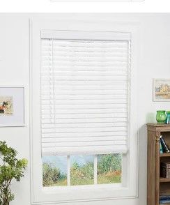 Photo 1 of allen + roth Trim at Home 2-in Slat Width 46-in x 64-in Cordless White Faux Wood Room Darkening Horizontal Blinds