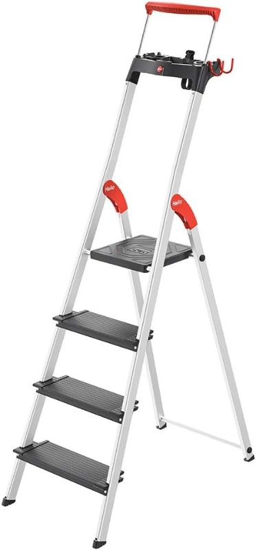 Photo 1 of 
Hailo L100 TopLine | Aluminum folding stepladder | Four steps | Extendable safety rail | Integrated multifunctional storage tray | Folding safety mechanism..