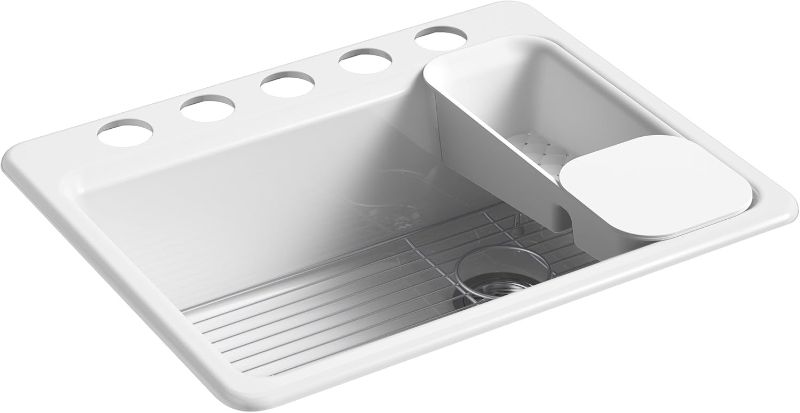 Photo 1 of 
KOHLER K-8668-5UA2-0 Riverby 27 In. x 22 In. x 9-5/8 In. Undermount Single-Bowl Kitchen Sink with 5 Oversized Faucet Holes, White, 27" x 22" x...
Color:White