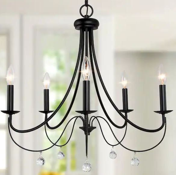 Photo 1 of (READ FULL POST) Modern Island Candlestick Chandelier Light Delilah 24" 5-Light Large Matte Black Chandelier with Crystal Pendant Drops