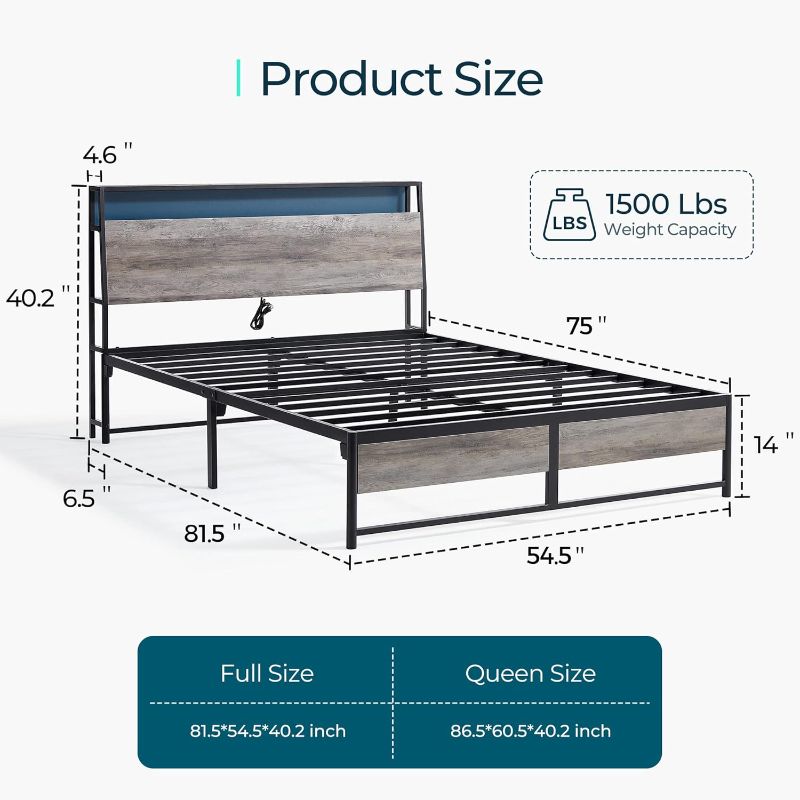 Photo 2 of 
LINSY Full Bed Frame with Storage, Ergonomic Headboard, 14 inch Fast Assembly Metal Bed with Lights, Outlets & USB, Full Size, Noise Free, No Box Spring...