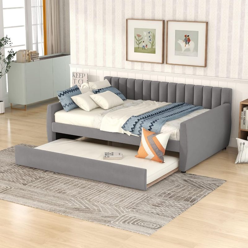 Photo 1 of 
 Box 1 of 2**Linique Full Size Upholstered Daybed with Twin Trundle, Wooden Velvet Fabrics Sofa Bed with Vertical Stripes Design Backrest, Wood Slat Support, beige
Size:Full w/Trundle
Color:Grey