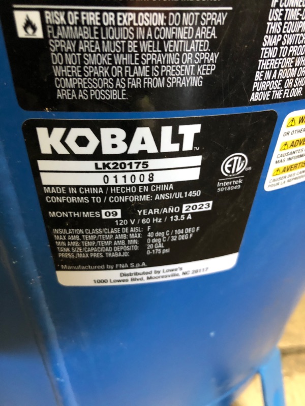 Photo 6 of **SEE NOTES** Kobalt 20-Gallon Portable Electric 175 PSI Vertical Air Compressor
