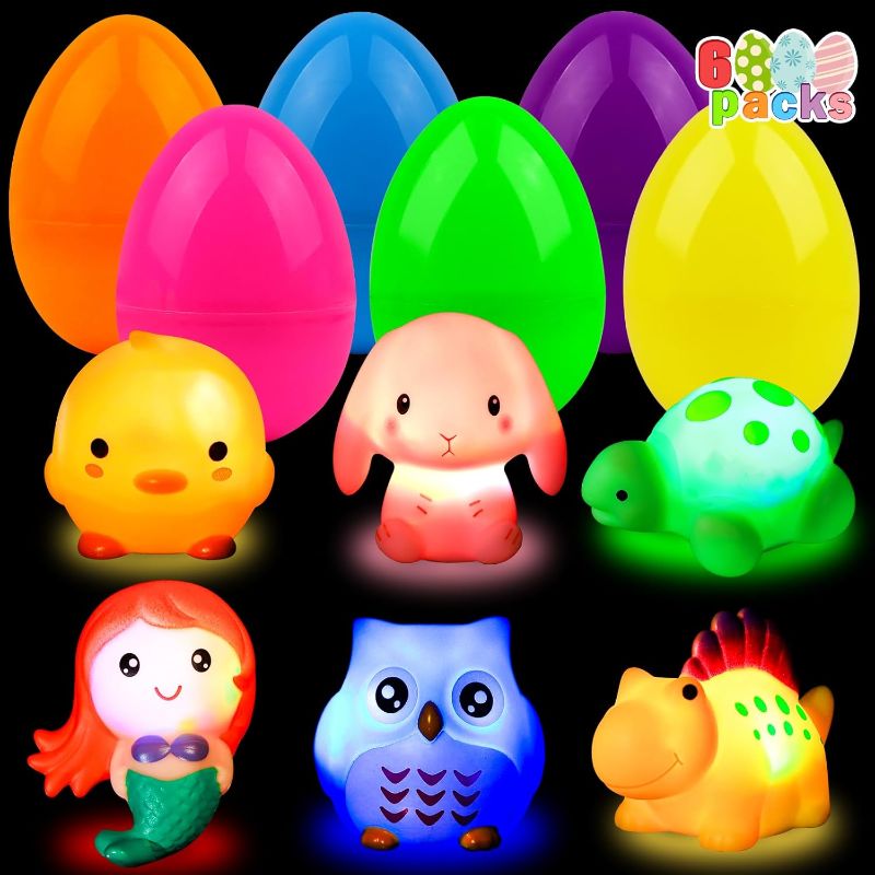 Photo 1 of 6 Pack Prefilled Easter Eggs with Light Up Bath Toys for Kids Toddlers Easter Floating Flashing Light Bath Toys Bathtub Toys for Easter Eggs Hunt Easter Basket Stuffers Party Favors