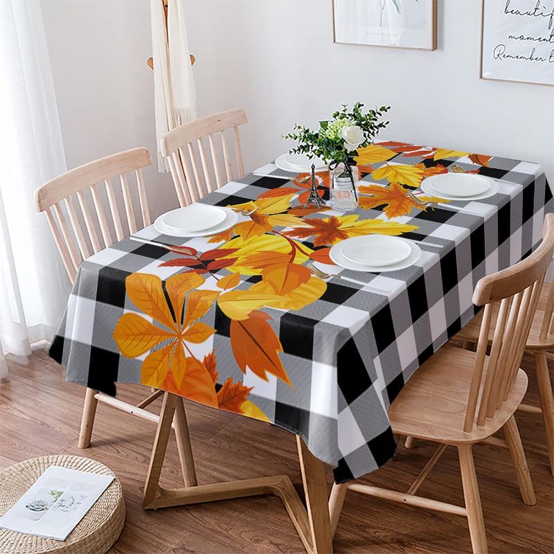 Photo 1 of Autumn Fall Maple Leaves Tablecloth, Black and White Plaid Tablecloths for Rectangle Tables - Perfect for Halloween Fall, Table Cover for Kitchen Dinner Parties Tabletop Decor 60x162 Inches